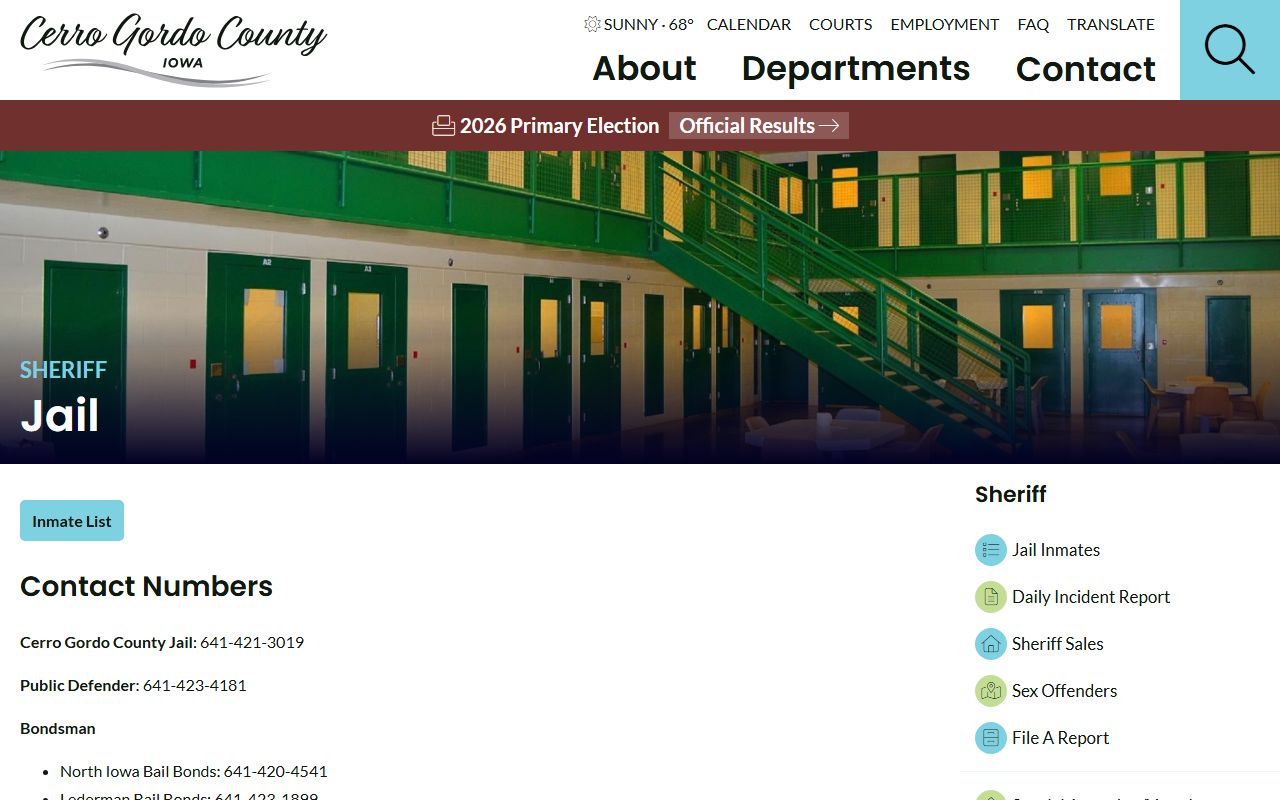 Cerro Gordo County Jail rules for inmate population, mail, money, and visitation
