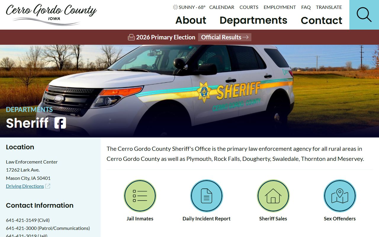 Cerro Gordo County Sheriff jail contact for inmate records and custody questions